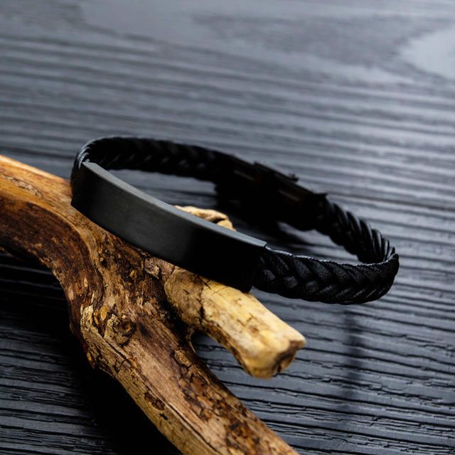 Pulsera De Cuero Tejida Para Hombre De Acero Titanio