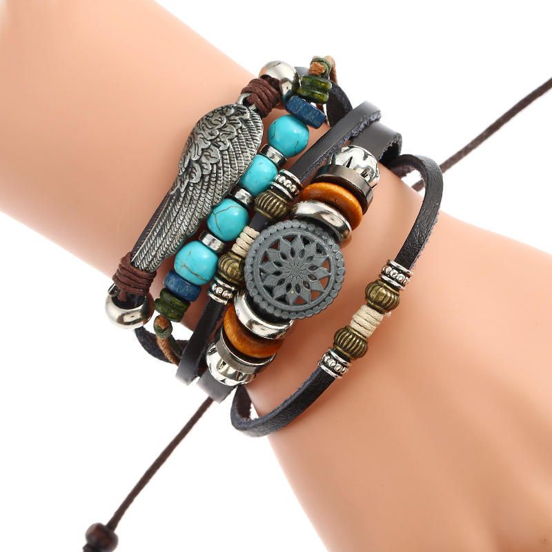 Pulsera De Cuero Trenzada Negra Ajustable Pulseras De Tejido Multicapa Pulsera De Cuentas De Turquesa Con Alas