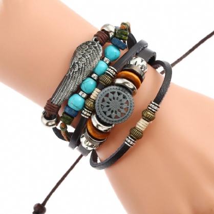 Pulsera De Cuero Trenzada Negra Ajustable Pulseras De Tejido Multicapa Pulsera De Cuentas De Turquesa Con Alas