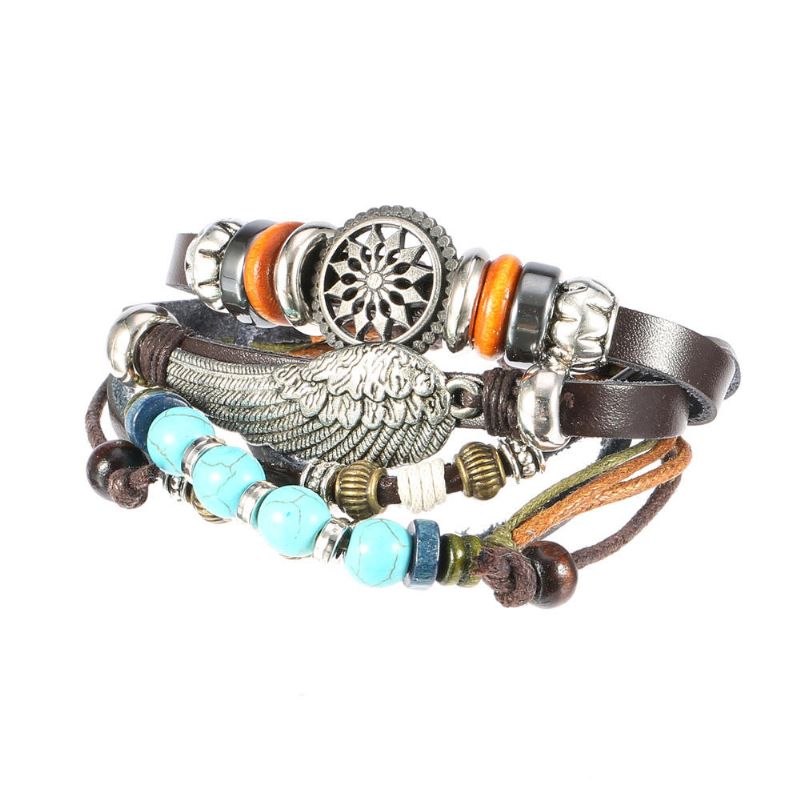 Pulsera De Cuero Trenzada Negra Ajustable Pulseras De Tejido Multicapa Pulsera De Cuentas De Turquesa Con Alas