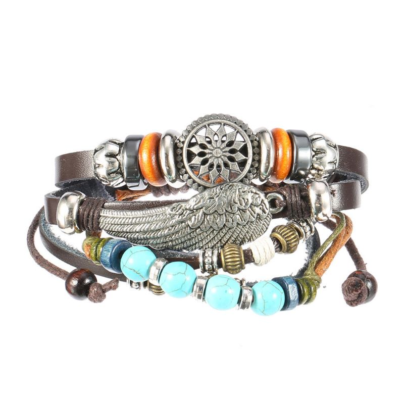 Pulsera De Cuero Trenzada Negra Ajustable Pulseras De Tejido Multicapa Pulsera De Cuentas De Turquesa Con Alas