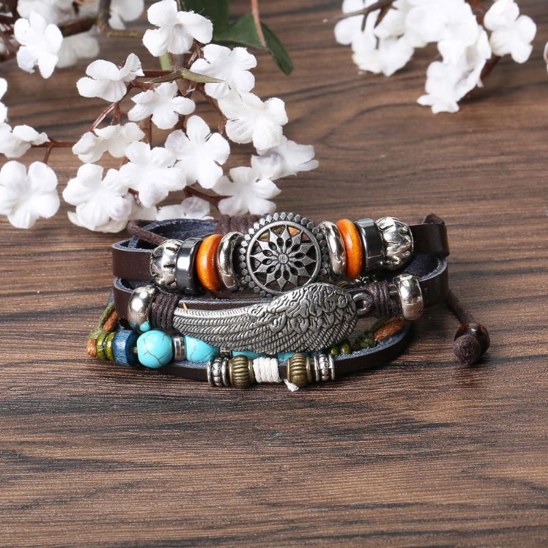 Pulsera De Cuero Trenzada Negra Ajustable Pulseras De Tejido Multicapa Pulsera De Cuentas De Turquesa Con Alas