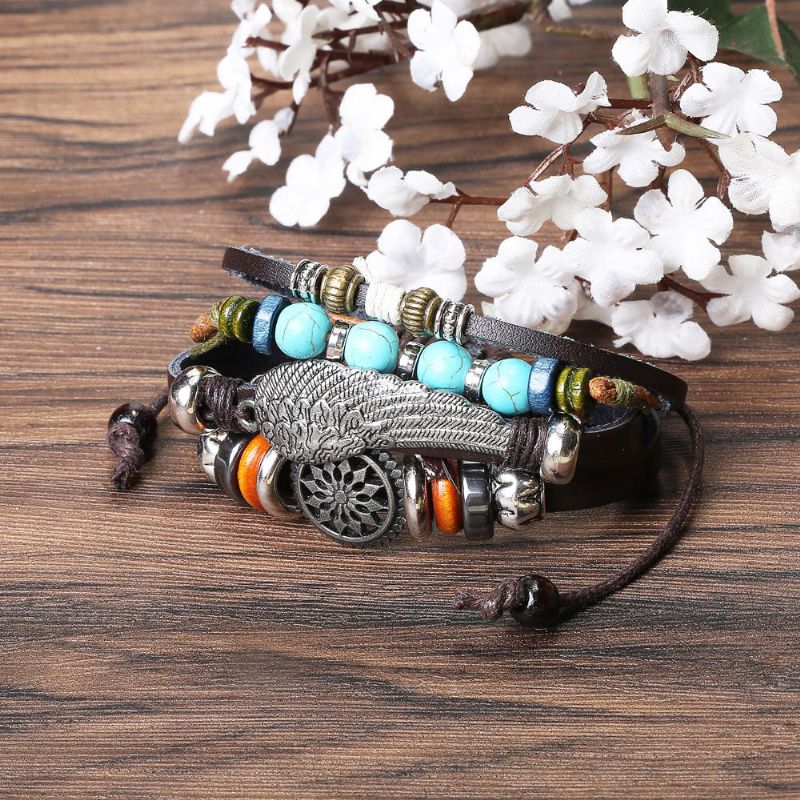 Pulsera De Cuero Trenzada Negra Ajustable Pulseras De Tejido Multicapa Pulsera De Cuentas De Turquesa Con Alas