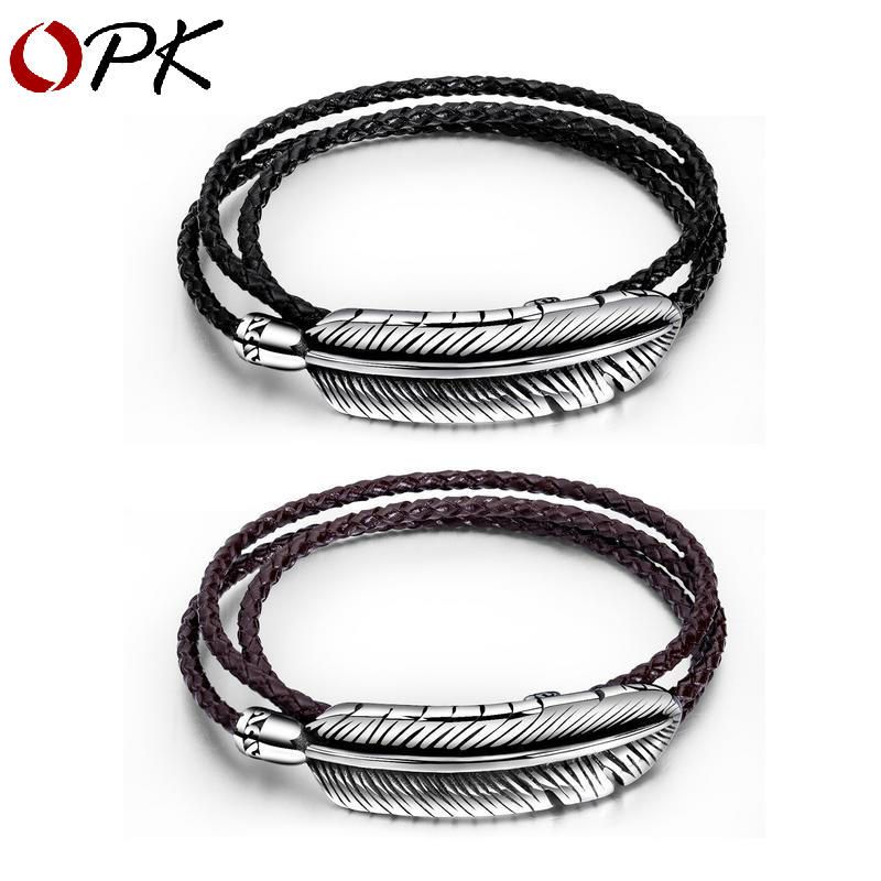 Pulsera De Cuero Trenzado De Acero Inoxidable Multicapa Con Plumas De Titanio Para Hombre