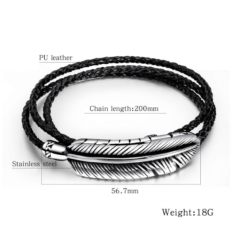 Pulsera De Cuero Trenzado De Acero Inoxidable Multicapa Con Plumas De Titanio Para Hombre