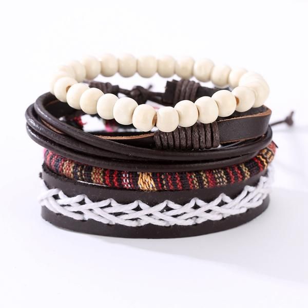 Pulsera De Cuero Trenzado Punk Pulsera Ajustable Con Cuentas Blancas Para Hombre