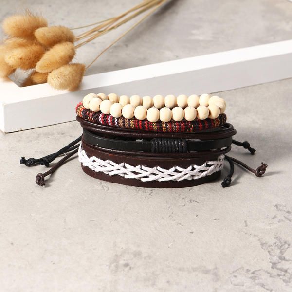 Pulsera De Cuero Trenzado Punk Pulsera Ajustable Con Cuentas Blancas Para Hombre