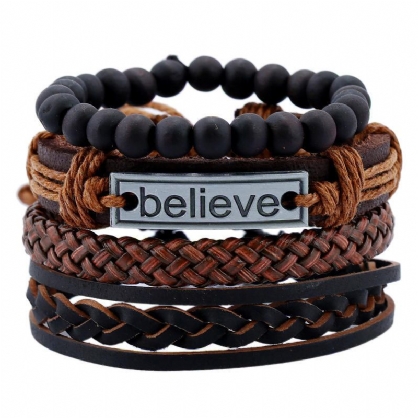 Pulsera De Cuero Vintage Believe Words Charm Pulsera Con Cuentas De Tejido Multicapa Para Hombres