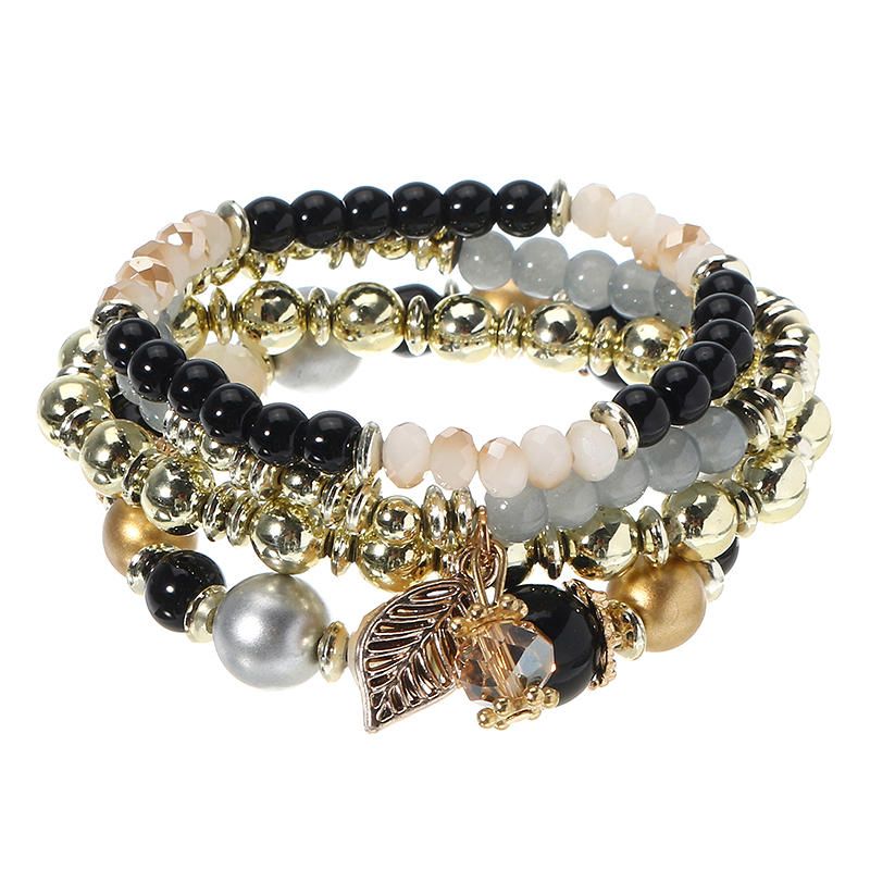 Pulsera Elástica Con Colgante De Hoja De Brazalete De Cadena De Cuentas De Cristal Multicapa Vintage Para Mujer