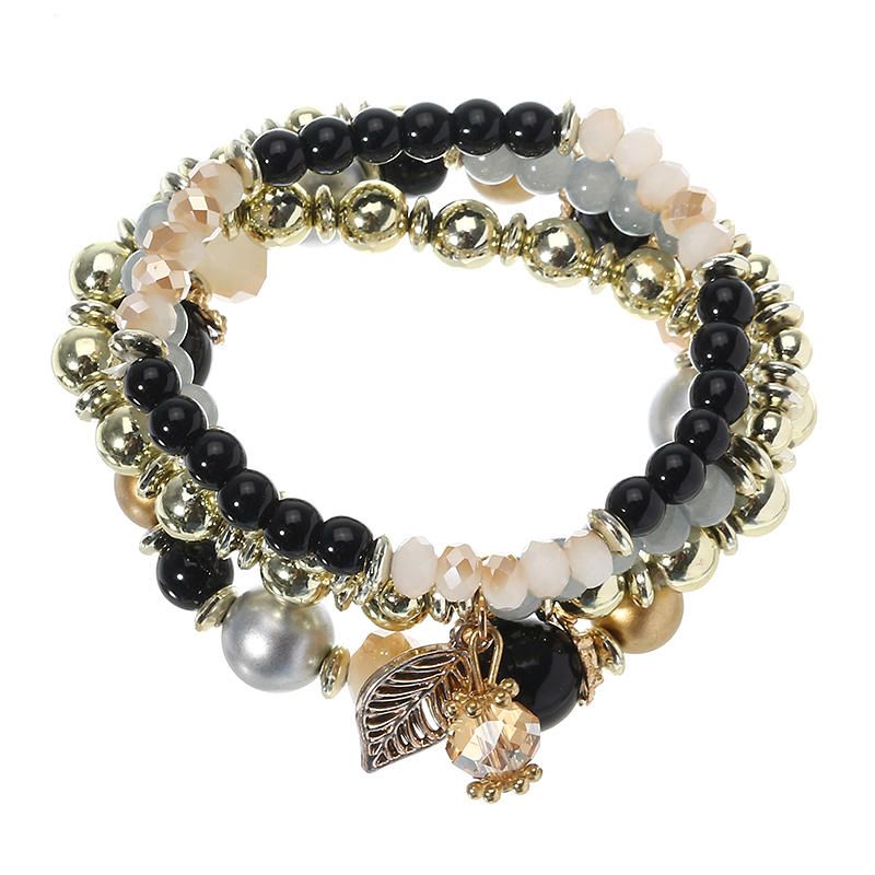 Pulsera Elástica Con Colgante De Hoja De Brazalete De Cadena De Cuentas De Cristal Multicapa Vintage Para Mujer