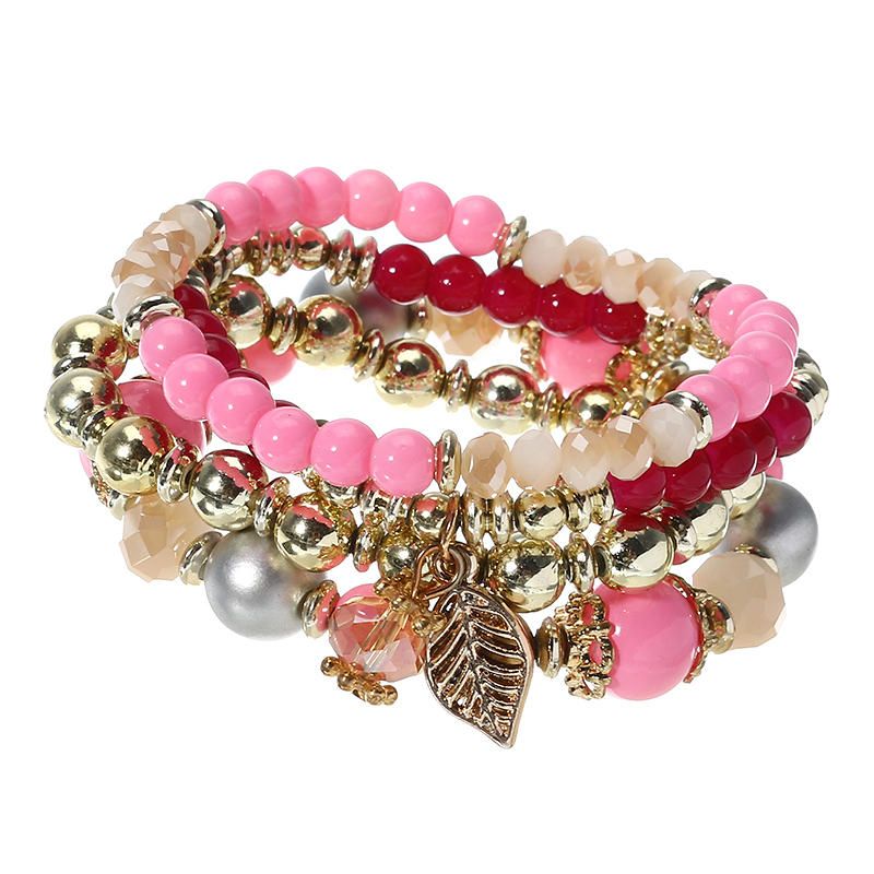 Pulsera Elástica Con Colgante De Hoja De Brazalete De Cadena De Cuentas De Cristal Multicapa Vintage Para Mujer