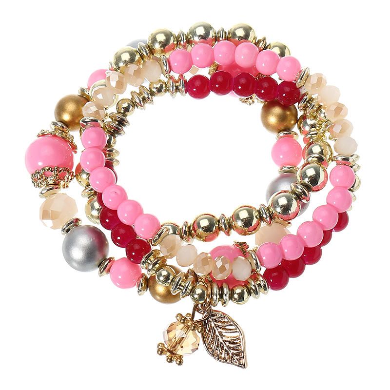 Pulsera Elástica Con Colgante De Hoja De Brazalete De Cadena De Cuentas De Cristal Multicapa Vintage Para Mujer