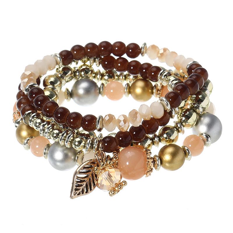 Pulsera Elástica Con Colgante De Hoja De Brazalete De Cadena De Cuentas De Cristal Multicapa Vintage Para Mujer