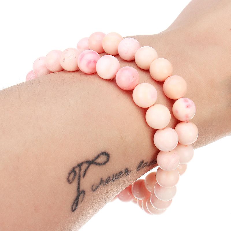 Pulsera Elástica De Cuentas Redondas Hechas A Mano Con Conchas De Concha Reina Rosa Natural