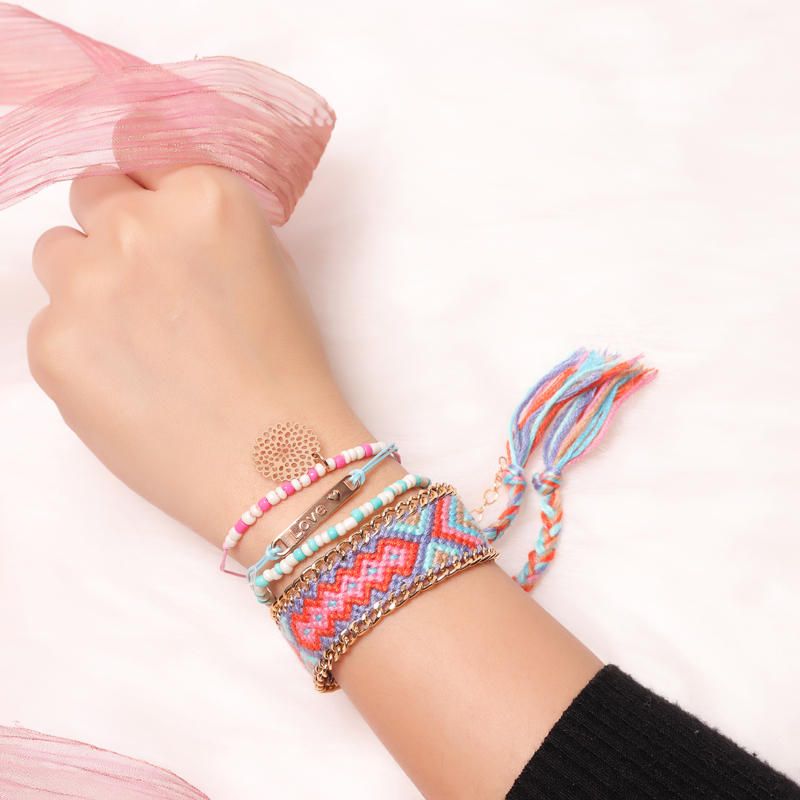 Pulsera De Encanto De Amor Con Borlas De Flores De Diamantes De Imitación De Cadena De Tejido Ondulado Colorido Bohemio Para Mujer