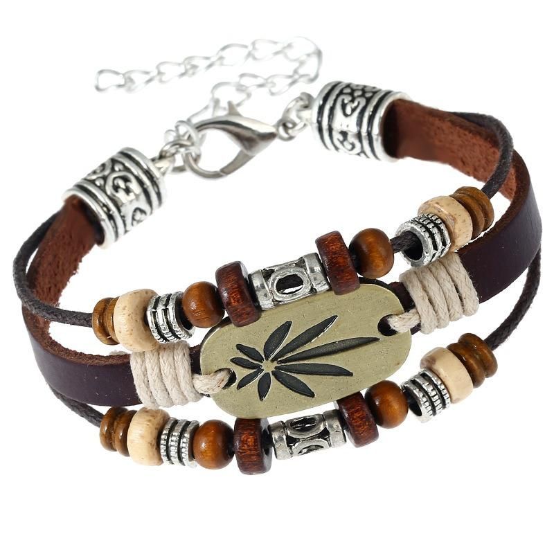 Pulsera De Hoja De Arce Vintage Pulsera De Múltiples Capas De Cuero Real Para Mujeres Hombres Pulsera