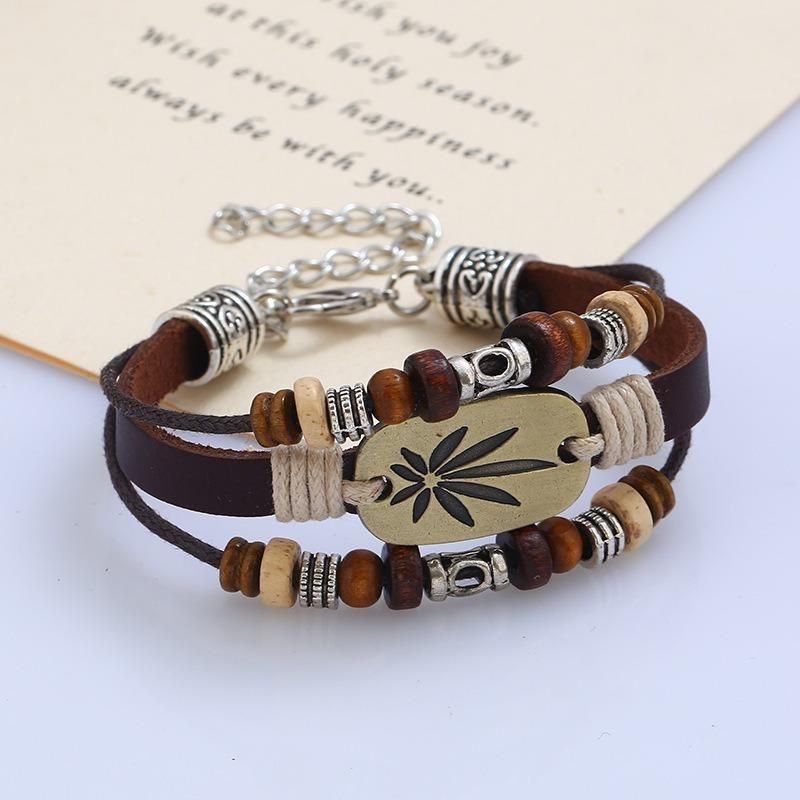 Pulsera De Hoja De Arce Vintage Pulsera De Múltiples Capas De Cuero Real Para Mujeres Hombres Pulsera