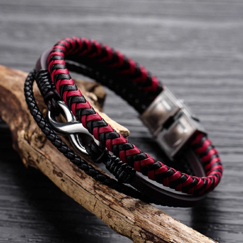 Pulsera Masculina De Cuero De Color Rojo Y Negro De Acero De Titanio Tejido De Cuero