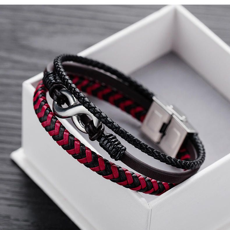 Pulsera Masculina De Cuero De Color Rojo Y Negro De Acero De Titanio Tejido De Cuero