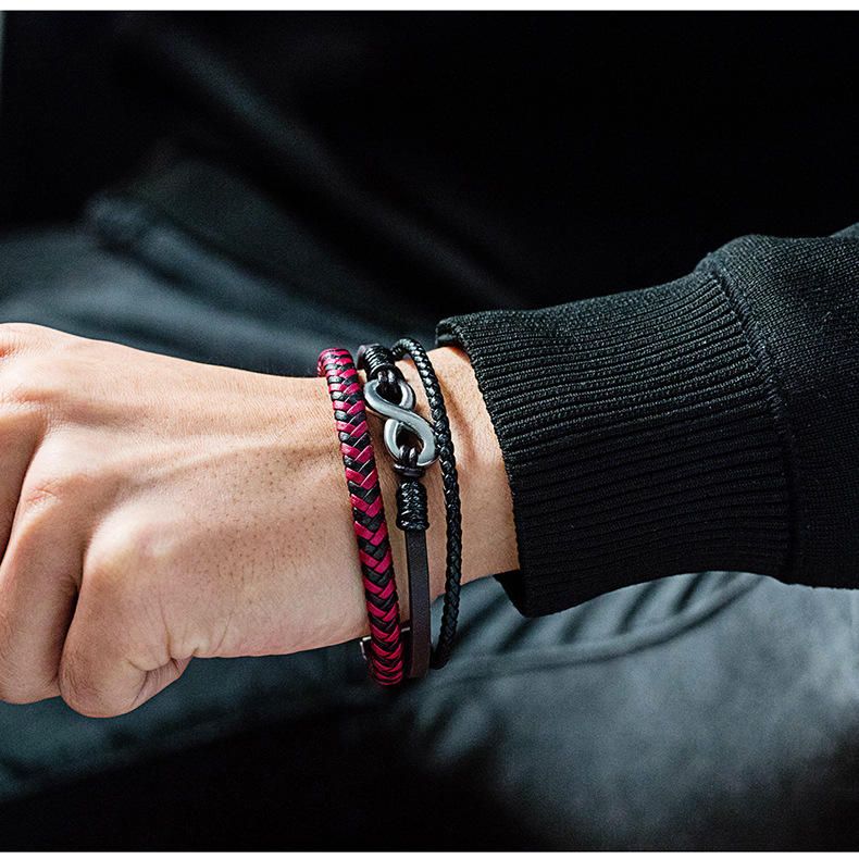 Pulsera Masculina De Cuero De Color Rojo Y Negro De Acero De Titanio Tejido De Cuero