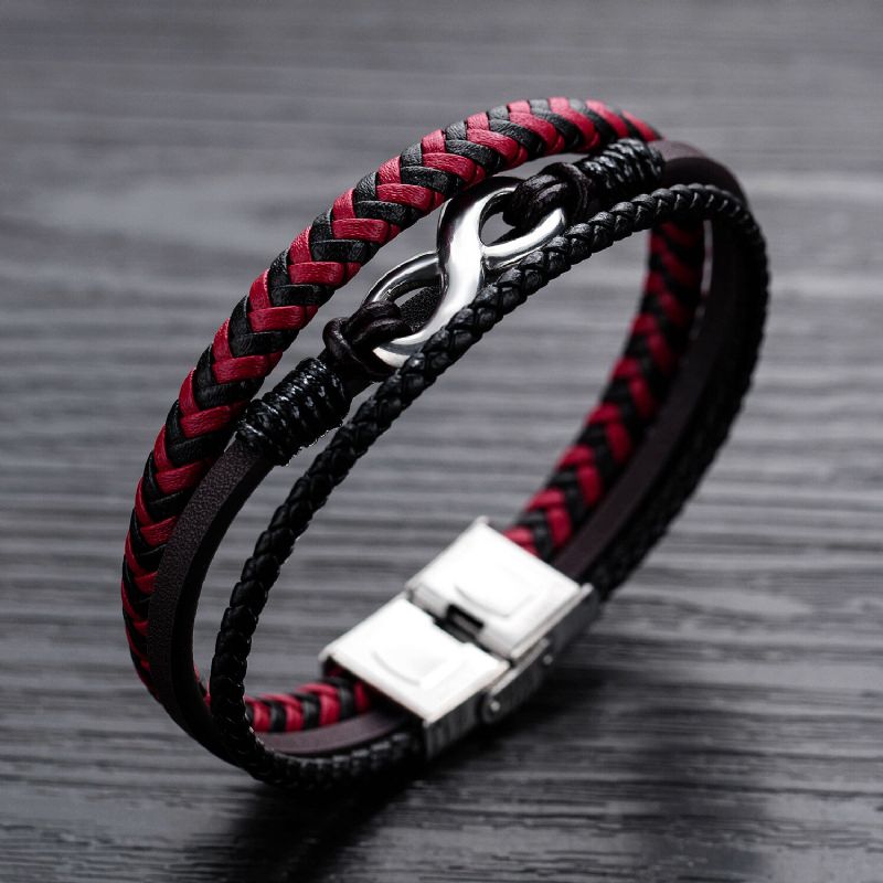 Pulsera Masculina De Cuero De Color Rojo Y Negro De Acero De Titanio Tejido De Cuero