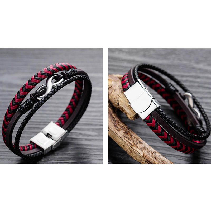 Pulsera Masculina De Cuero De Color Rojo Y Negro De Acero De Titanio Tejido De Cuero