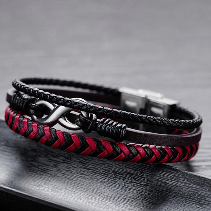 Pulsera Masculina De Cuero De Color Rojo Y Negro De Acero De Titanio Tejido De Cuero