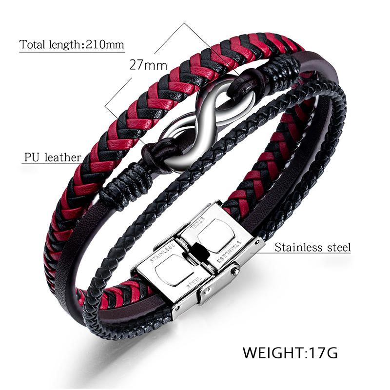 Pulsera Masculina De Cuero De Color Rojo Y Negro De Acero De Titanio Tejido De Cuero