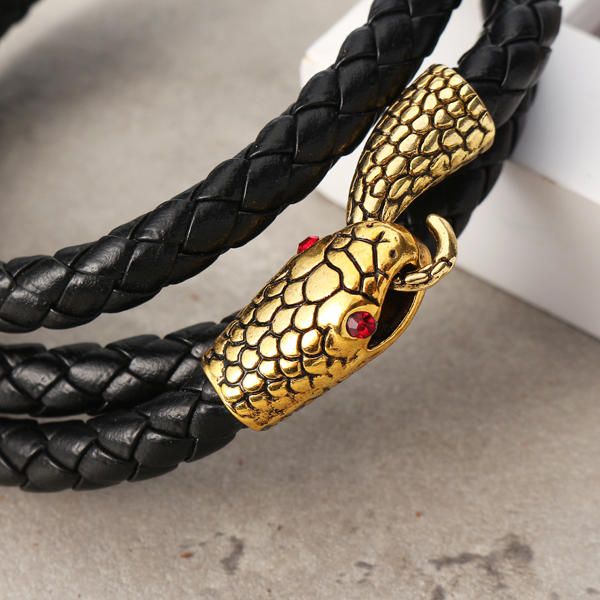 Pulsera De Moda Con Forma De Serpiente Multicapa Pulseras De Cuero Dorado Para Hombres