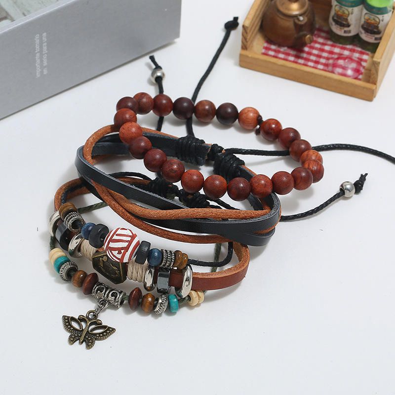 Pulsera Multicapa De Cuero Tejido Vintage Punk Pulsera De Tres Piezas Con Cuentas Hechas A Mano