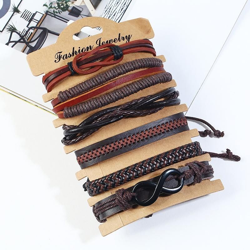 Pulsera Multicapa Tejida Retro De Cuero Suave Conjunto De Pulsera De 6 Piezas Pulsera De Hombre Vintage