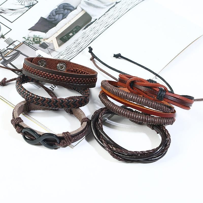 Pulsera Multicapa Tejida Retro De Cuero Suave Conjunto De Pulsera De 6 Piezas Pulsera De Hombre Vintage