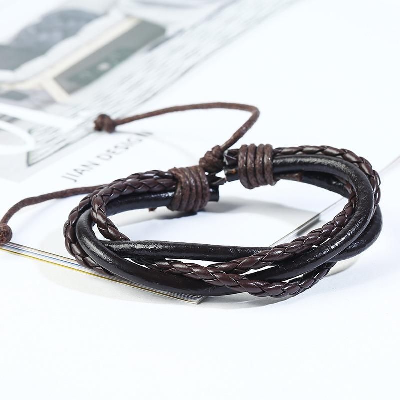 Pulsera Multicapa Tejida Retro De Cuero Suave Conjunto De Pulsera De 6 Piezas Pulsera De Hombre Vintage