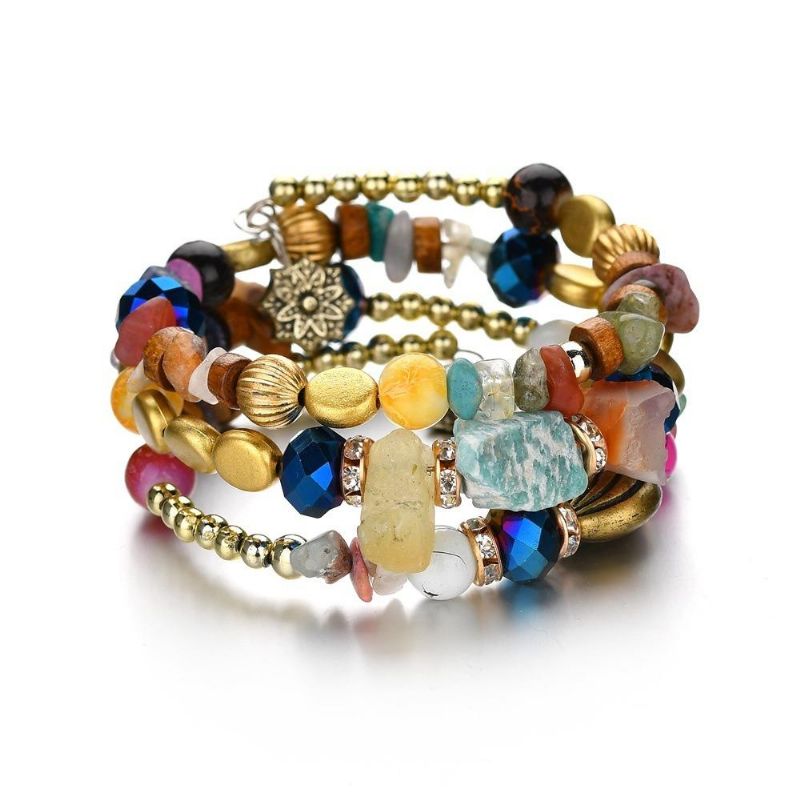 Pulsera De Piedra Triturada Bohemia Pulsera De Cuentas De Múltiples Capas Pulsera De Cristal De Color Mixto Para Mujer