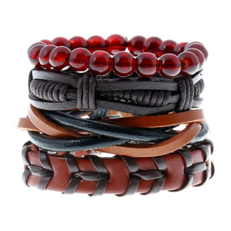 Pulsera De Piel De Vaca Tejida Punk Pulseras De Cuentas De Cuero De Cáñamo Multijugador Para Hombres