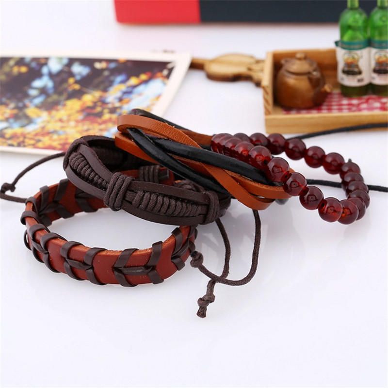 Pulsera De Piel De Vaca Tejida Punk Pulseras De Cuentas De Cuero De Cáñamo Multijugador Para Hombres