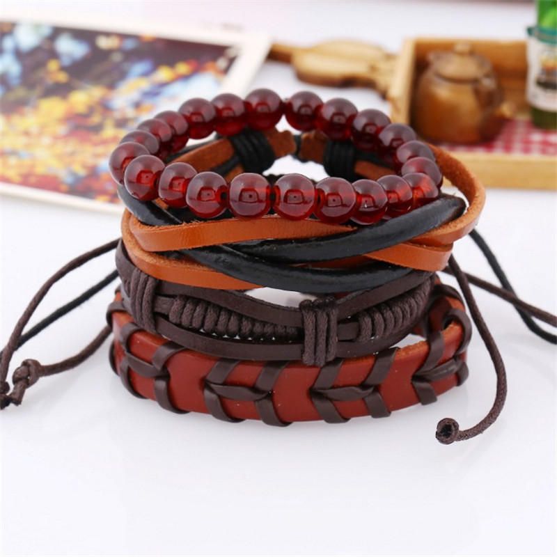 Pulsera De Piel De Vaca Tejida Punk Pulseras De Cuentas De Cuero De Cáñamo Multijugador Para Hombres