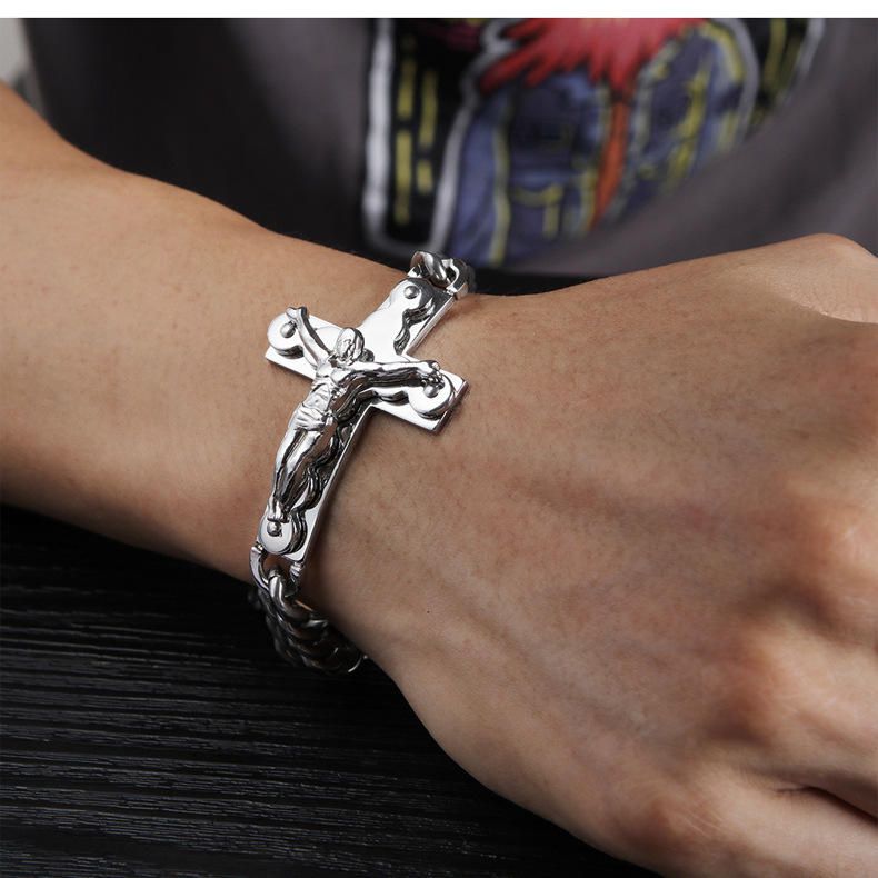 Pulsera Religiosa Con Cruz De Jesús De Acero De Titanio Para Hombre De Acero De Titanio