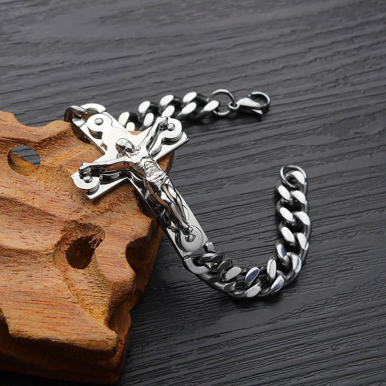 Pulsera Religiosa Con Cruz De Jesús De Acero De Titanio Para Hombre De Acero De Titanio