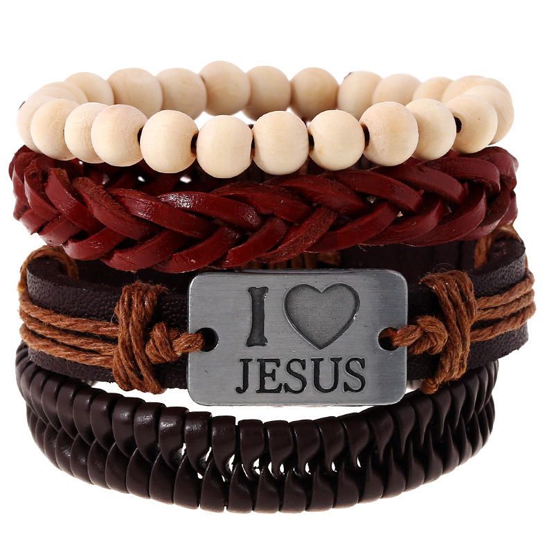 Pulsera Religiosa I Love Jesus Pulsera De Cuero De Vaca Multicapa Pulsera De Cuentas De Madera Blanca Para Hombres