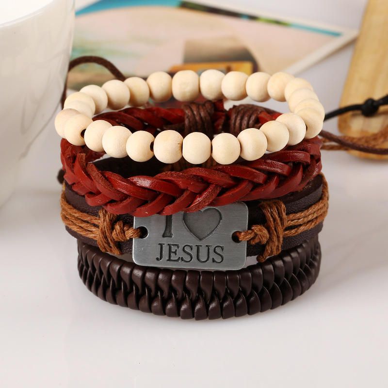 Pulsera Religiosa I Love Jesus Pulsera De Cuero De Vaca Multicapa Pulsera De Cuentas De Madera Blanca Para Hombres