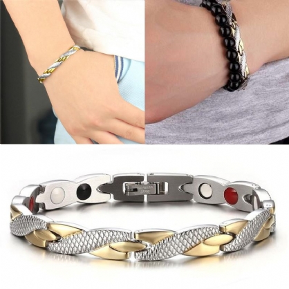 Pulsera De Una Sola Fila De Terapia Magnética De Moda Para Hombres Pulsera De Cadena De Oro Y Plata De Acero Inoxidable