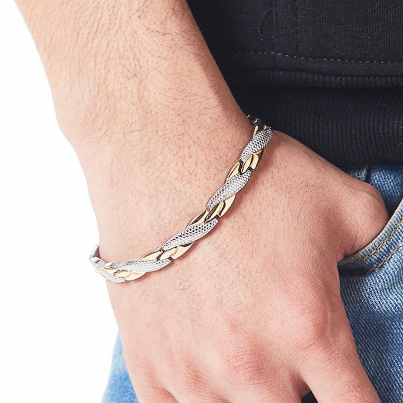 Pulsera De Una Sola Fila De Terapia Magnética De Moda Para Hombres Pulsera De Cadena De Oro Y Plata De Acero Inoxidable