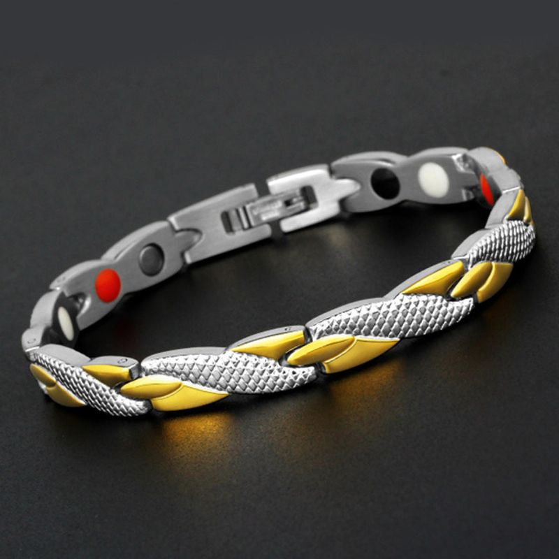 Pulsera De Una Sola Fila De Terapia Magnética De Moda Para Hombres Pulsera De Cadena De Oro Y Plata De Acero Inoxidable