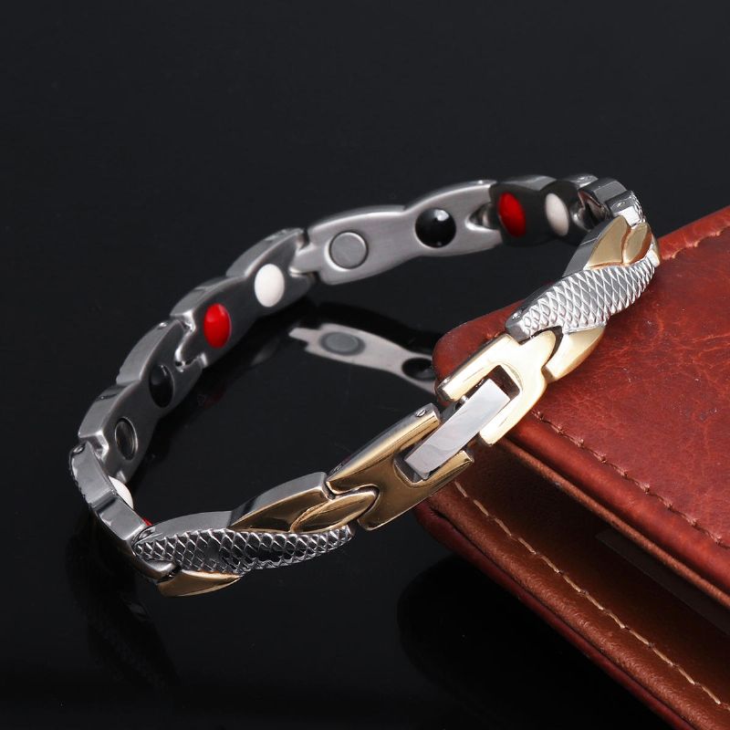 Pulsera De Una Sola Fila De Terapia Magnética De Moda Para Hombres Pulsera De Cadena De Oro Y Plata De Acero Inoxidable