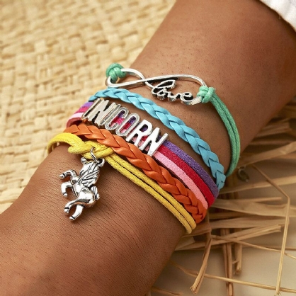 Pulsera De Unicornio Tejida Colorida Con Personalidad Pulsera De Múltiples Capas Con Corazón De Amor Ajustable Para Mujer