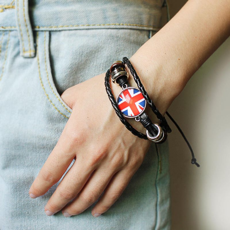 Pulsera Unisex Con Patrón De Bandera Nacional Pulsera De Cuerda De Cuero De Aleación Para Hombres Y Mujeres