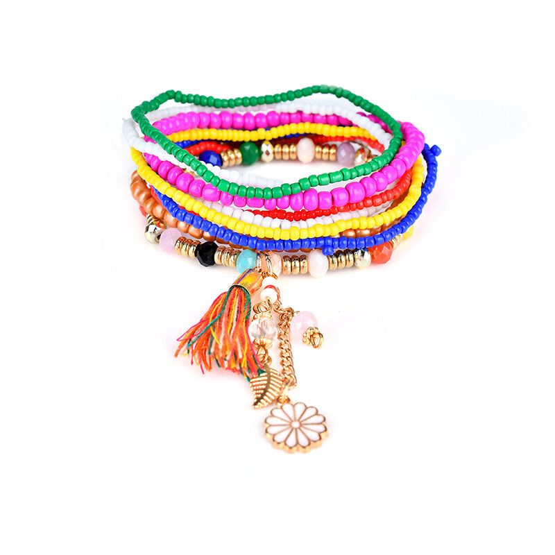 Pulseras De Cuentas Multicapa Con Colgante De Hoja De Flor De Borla Bohemia Para Mujer