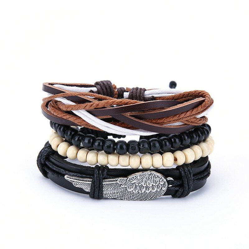 Pulseras De Cuero Multicapa Para Hombres Punk Pulsera De Cuentas Blancas Y Negras Con Dije De Ala Trenzada Vintage