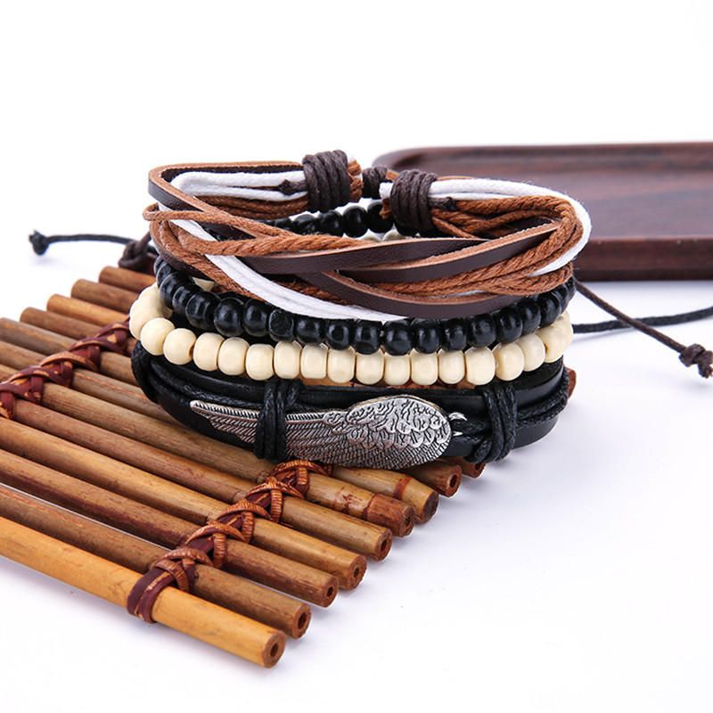 Pulseras De Cuero Multicapa Para Hombres Punk Pulsera De Cuentas Blancas Y Negras Con Dije De Ala Trenzada Vintage